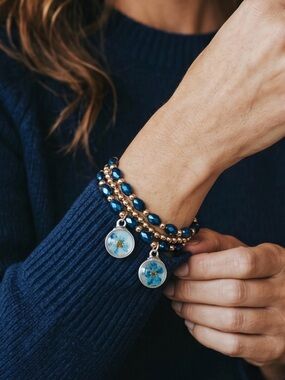 💙3-PC Blue & Gold Beaded Charm Bracelets w/Floral Drops Bundle/NWOT